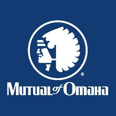 Mutual of Omaha logo with a stylized Native American profile inside a circle on a blue background.