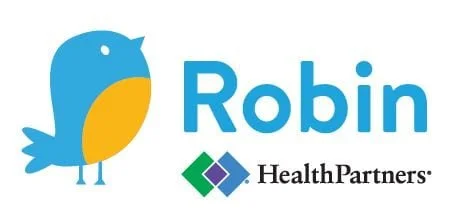 Robin Health Partners logo featuring a blue and yellow cartoon robin bird with the company name and green diamond-shaped icon.