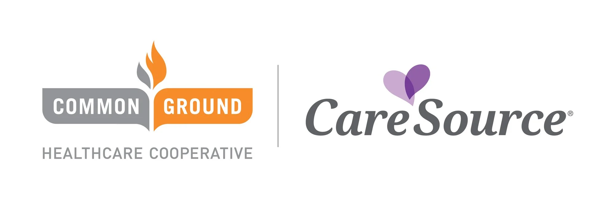 Logo of Common Ground Healthcare Cooperative and CareSource, featuring a stylized flame and two purple hearts.