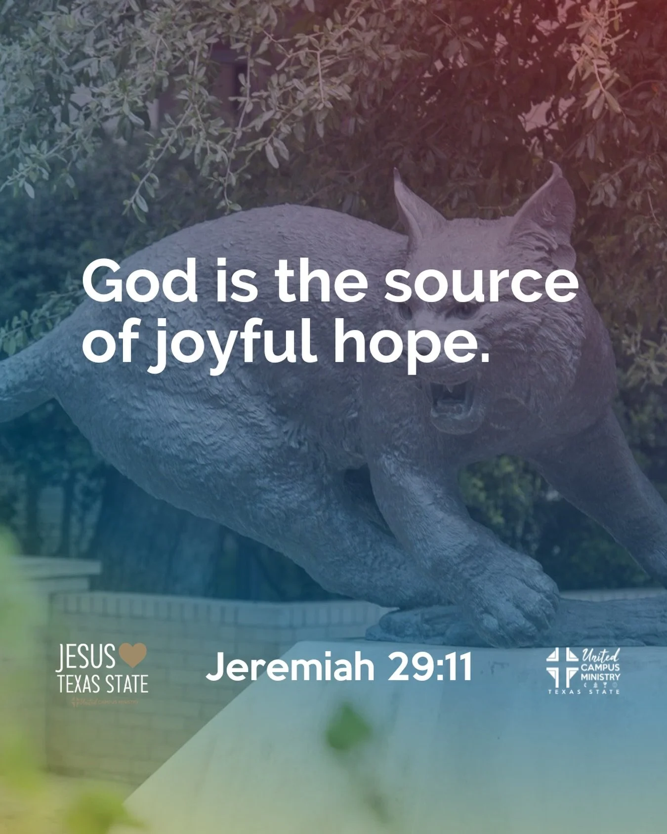 God is the source of joyful hope. 

&ldquo;For I know the plans I have for you,&rdquo; declares the Lord, &ldquo;plans to prosper you and not to harm you, plans to give you hope and a future.&rdquo; Jeremiah 29:11

#txst #blessemupcats #jesus