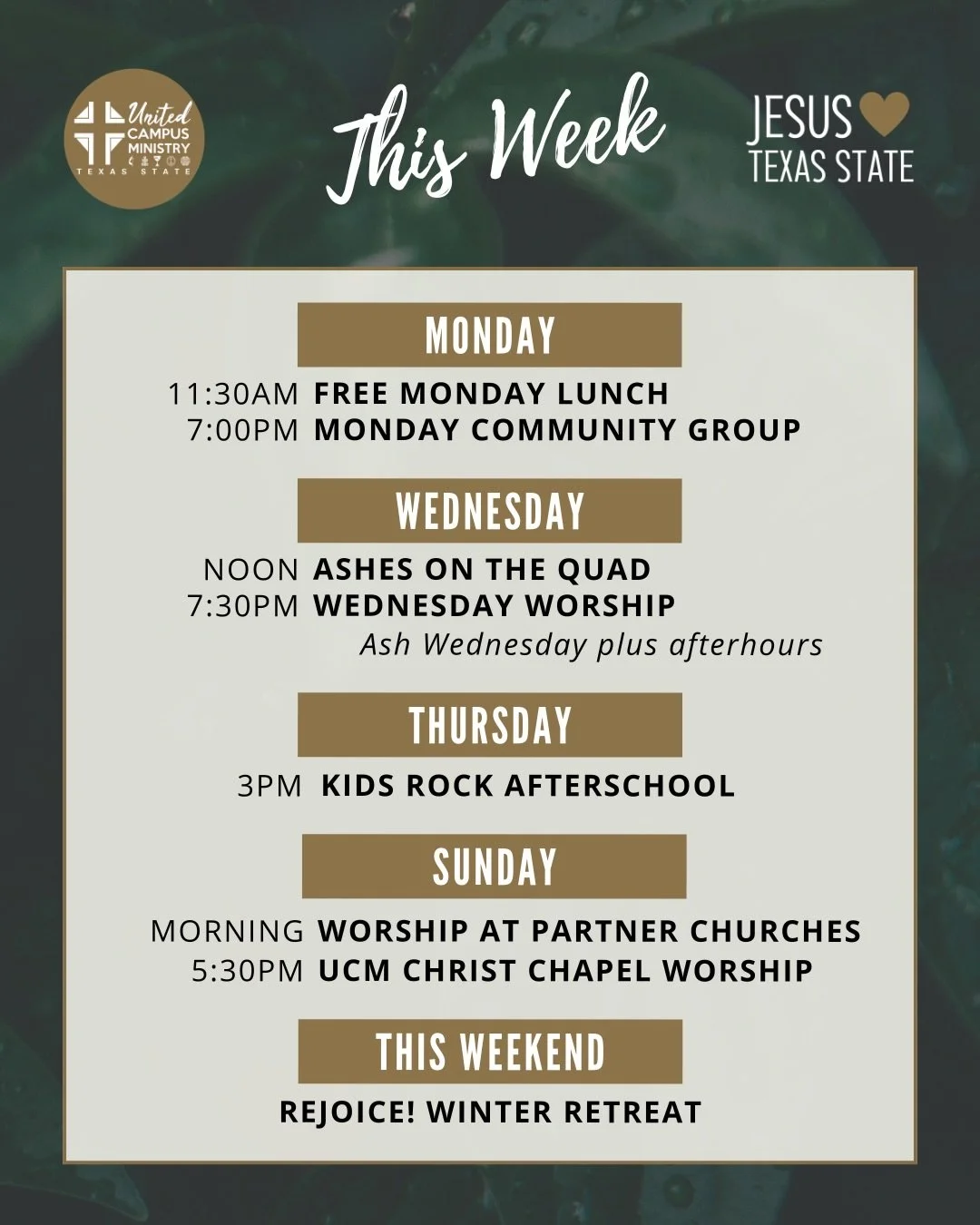 THIS WEEK
Join us Monday for &lsquo;all you can eat&rsquo; pancakes and a special Black History Month exhibit next to campus. We start Lent with Ash Wednesday this week AND we start Kids Rock this week as well! Lots of good ways to get connected. 

J