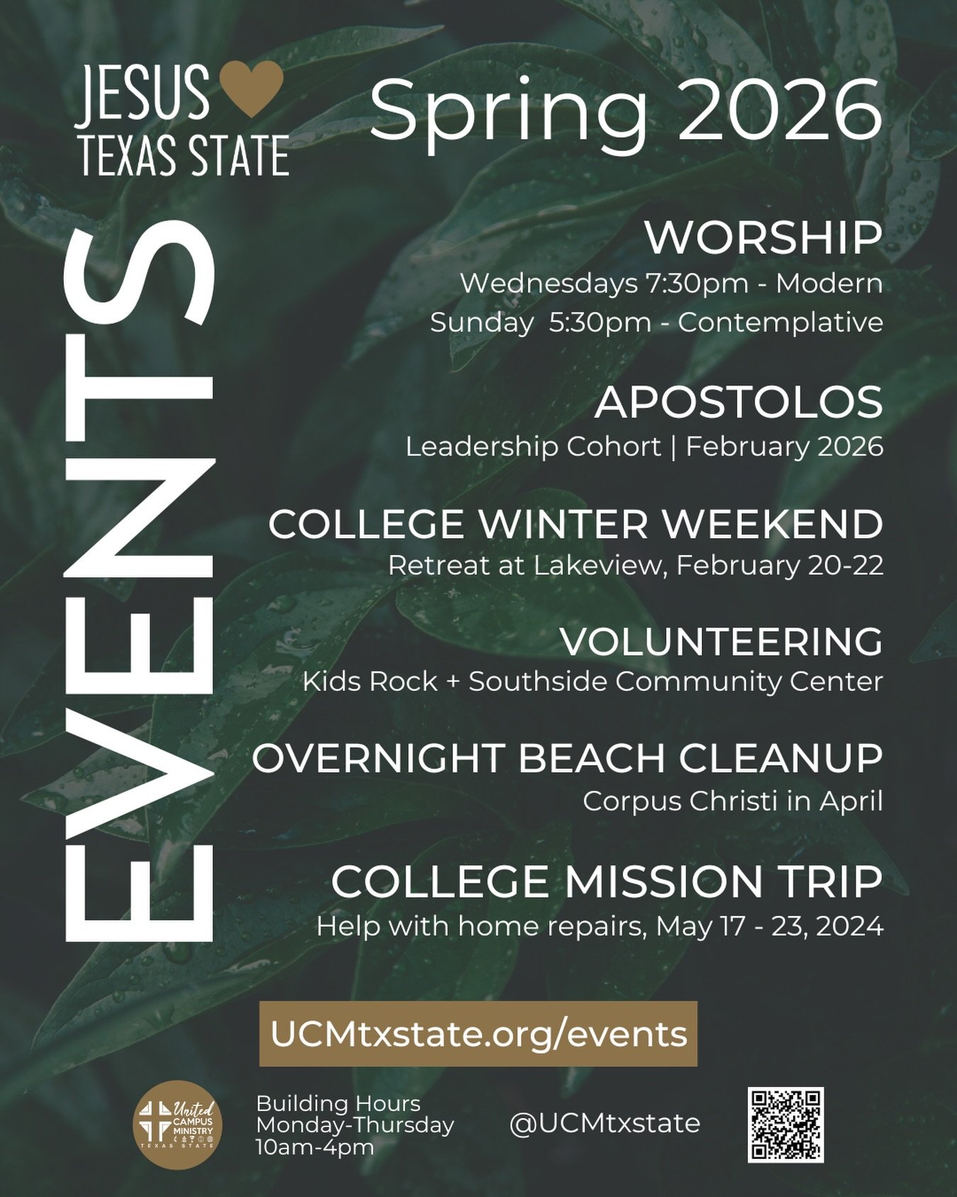 SPRING MINISTRY
We have a great semester of ministry events, including weekly worship on Wednesdays and Sundays, small groups, leadership cohorts, college retreats, service trips, and more!

Get connected at link in bio.

#txst #txstate #txstnext #Bl