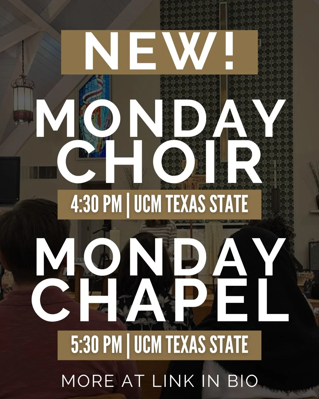 NEW ON MONDAYS
Join us on Mondays as we launch a Monday Chapel 5:30pm with classic worship elements of hymns, prayers, lectionary sermon, and weekly Holy Communion.  We also have a College Choir meeting at 4:30pm to practice and then sing during Mond