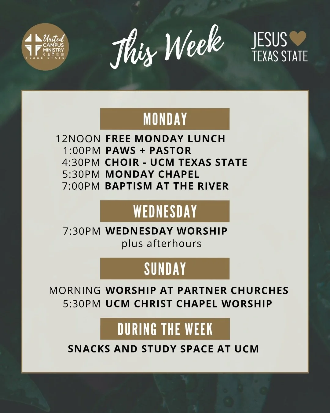 THIS WEEK
Get ready for the last full week of classes with worship, end of semester celebration, free Monday lunch, river baptism and more!