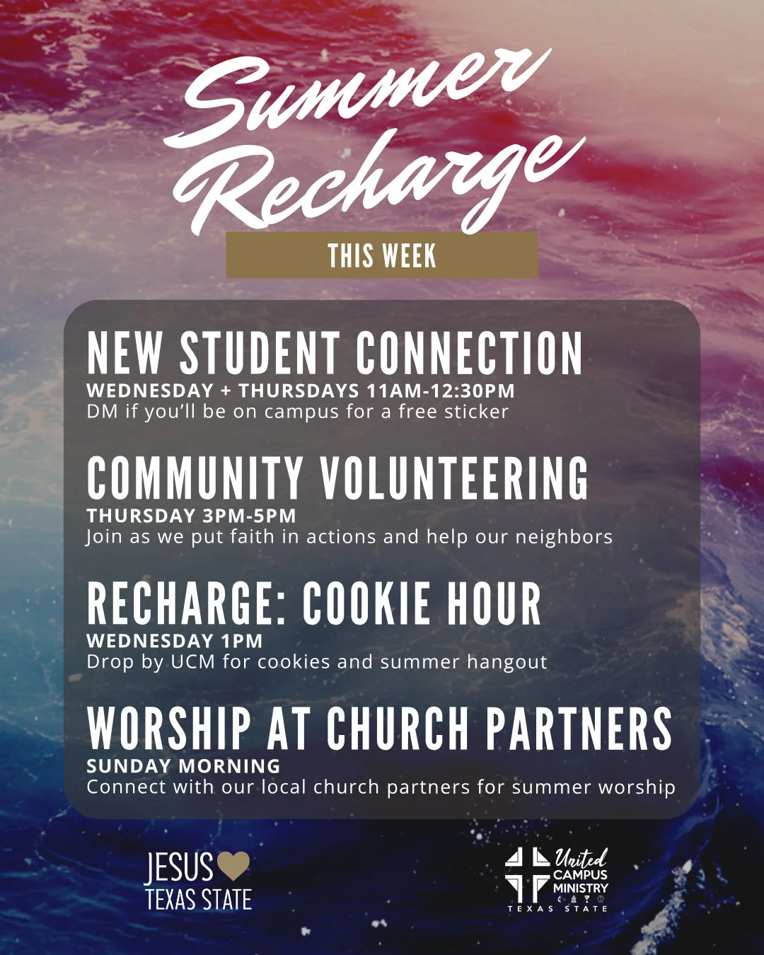 SUMMER RECHARGE
Join us this week as we connect with new students on campus, serve our community, gather for a cookie hour recharge, and worship this summer at partner churches! 

Get connected at link in bio. 

#txst #txstnext #BlessEmUpCats #Colleg