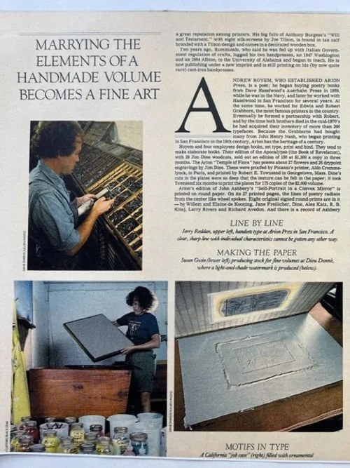 Sue and Dieu Donné were featured in D.J.R. Bruckner’s article “With Art and Craftsmanship, Books Regain Former Glory, in New York Times Magazine, October 28, 1984.