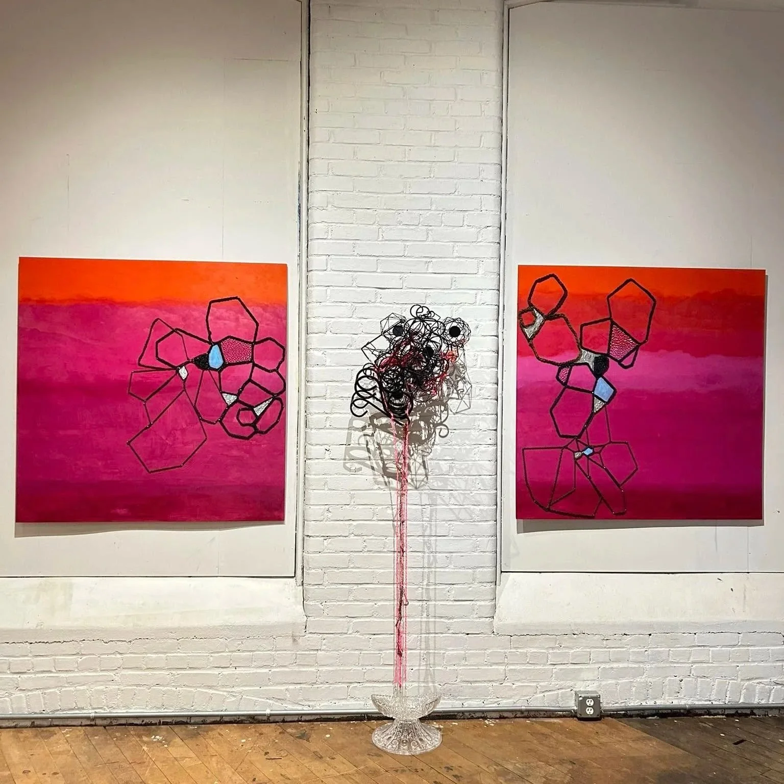 Pour, 2025, Triptych, dimensions variable, Acrylic, yarn, staples, plywood, found objects