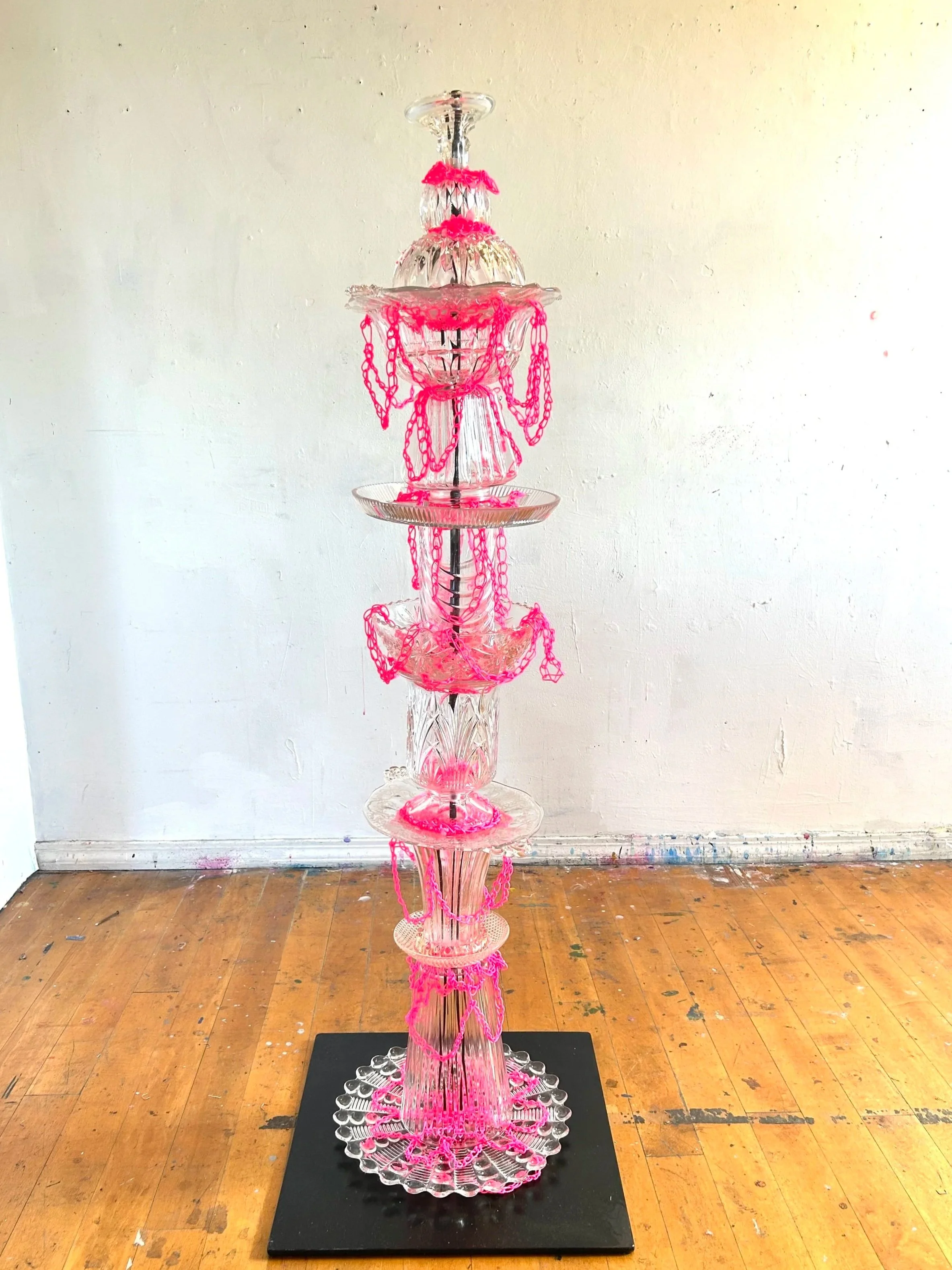 "Remedy", 2025. 24" x 24" x 55", crystal, cut glass, construction string, painted steel