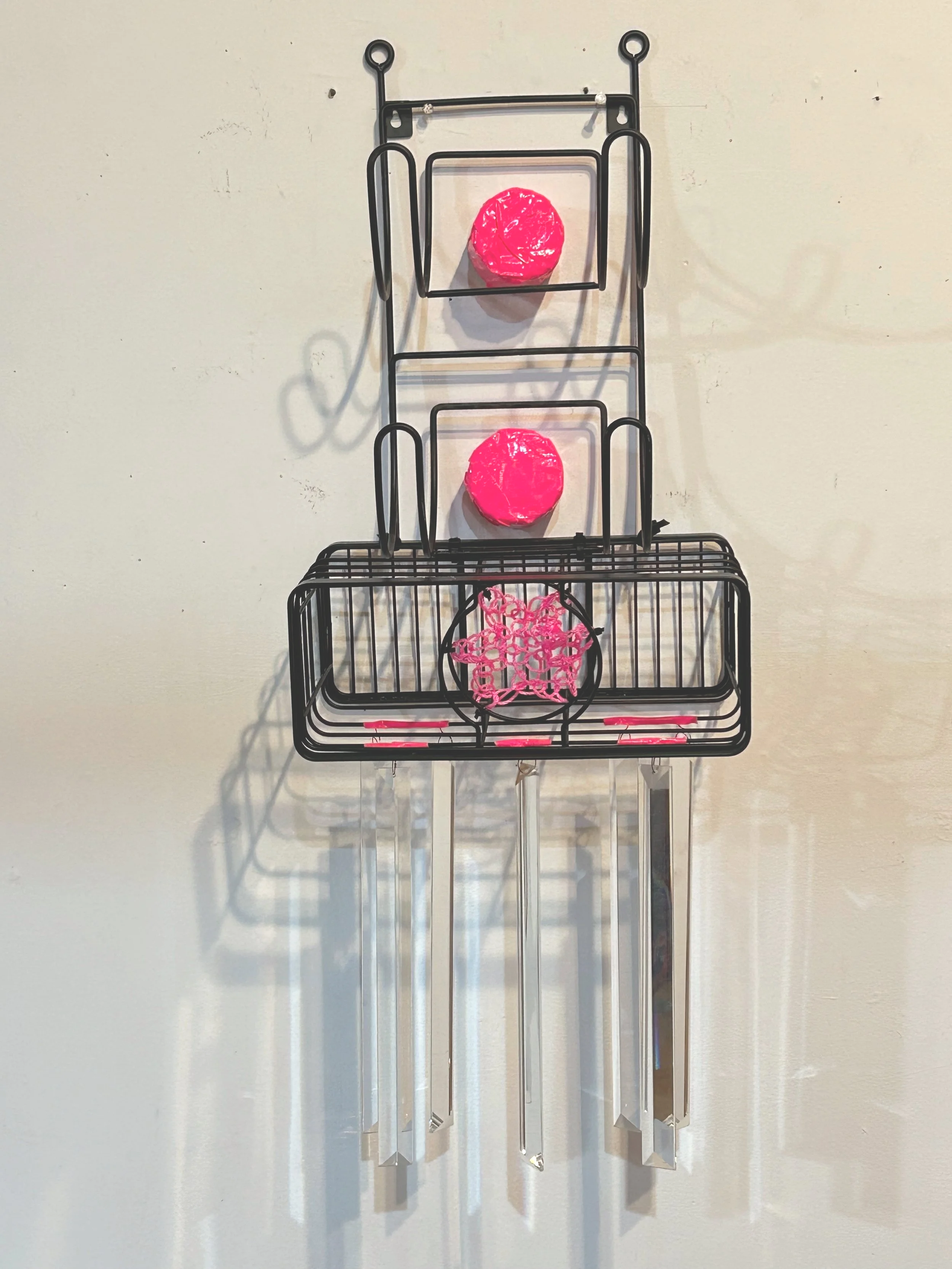 "Monument", 2025, found objects, zip ties, duct tape, construction string, crystals, wire