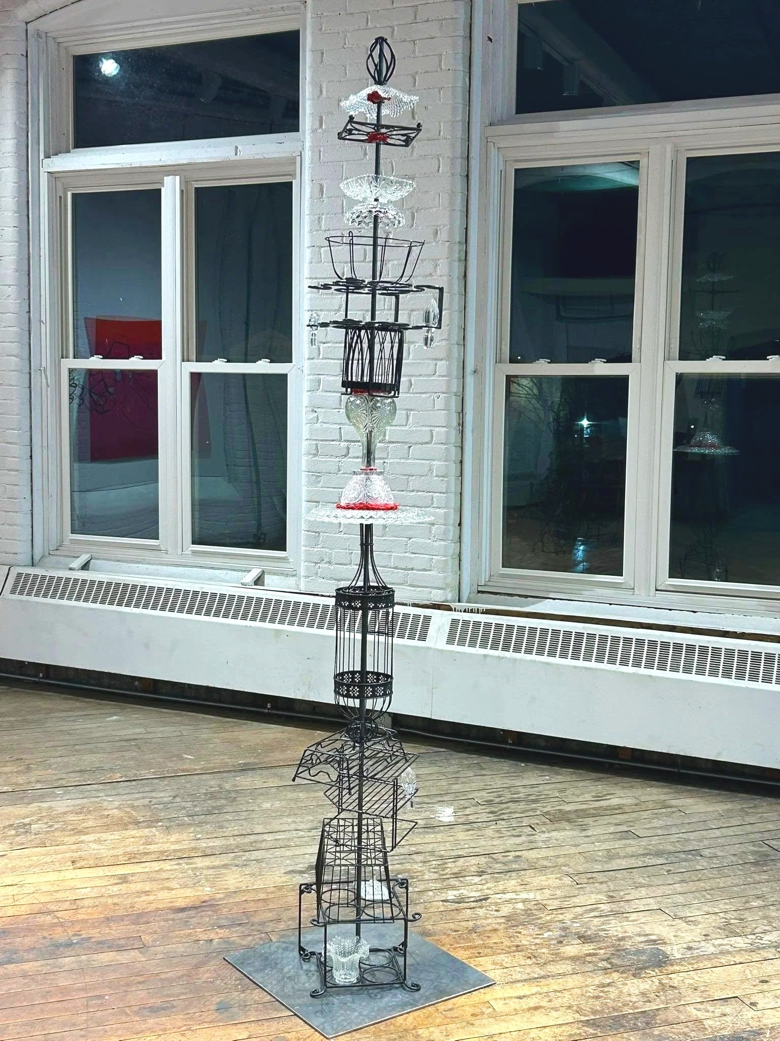 Emotional Sentry, 2025, 24" x 24" x 95", found objects, painted steel, string, plumbing hardware