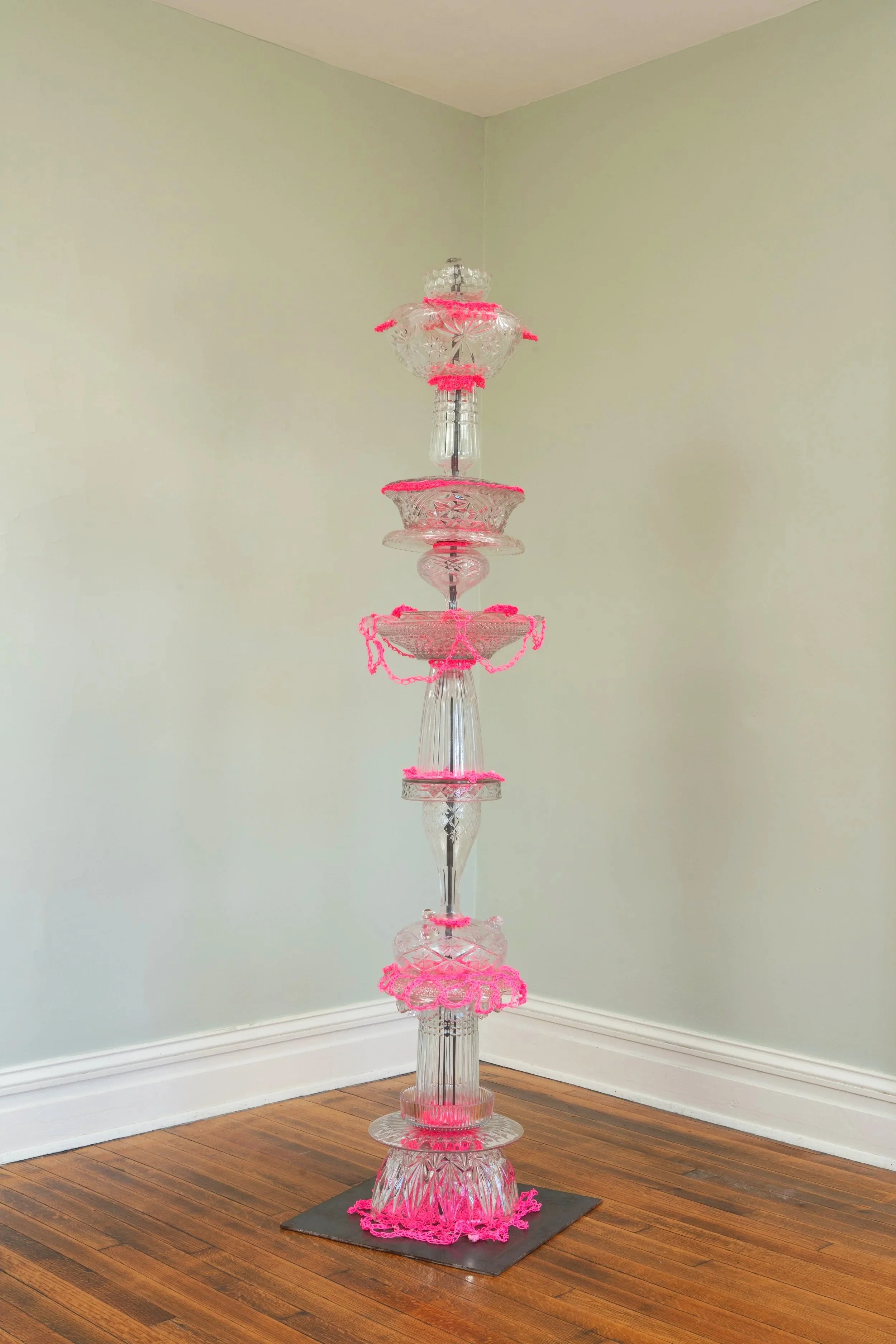 "Pink Tower", 2025, crystal, cut glass, construction string, steel, 24" x 24" x 72"
Click right for next image