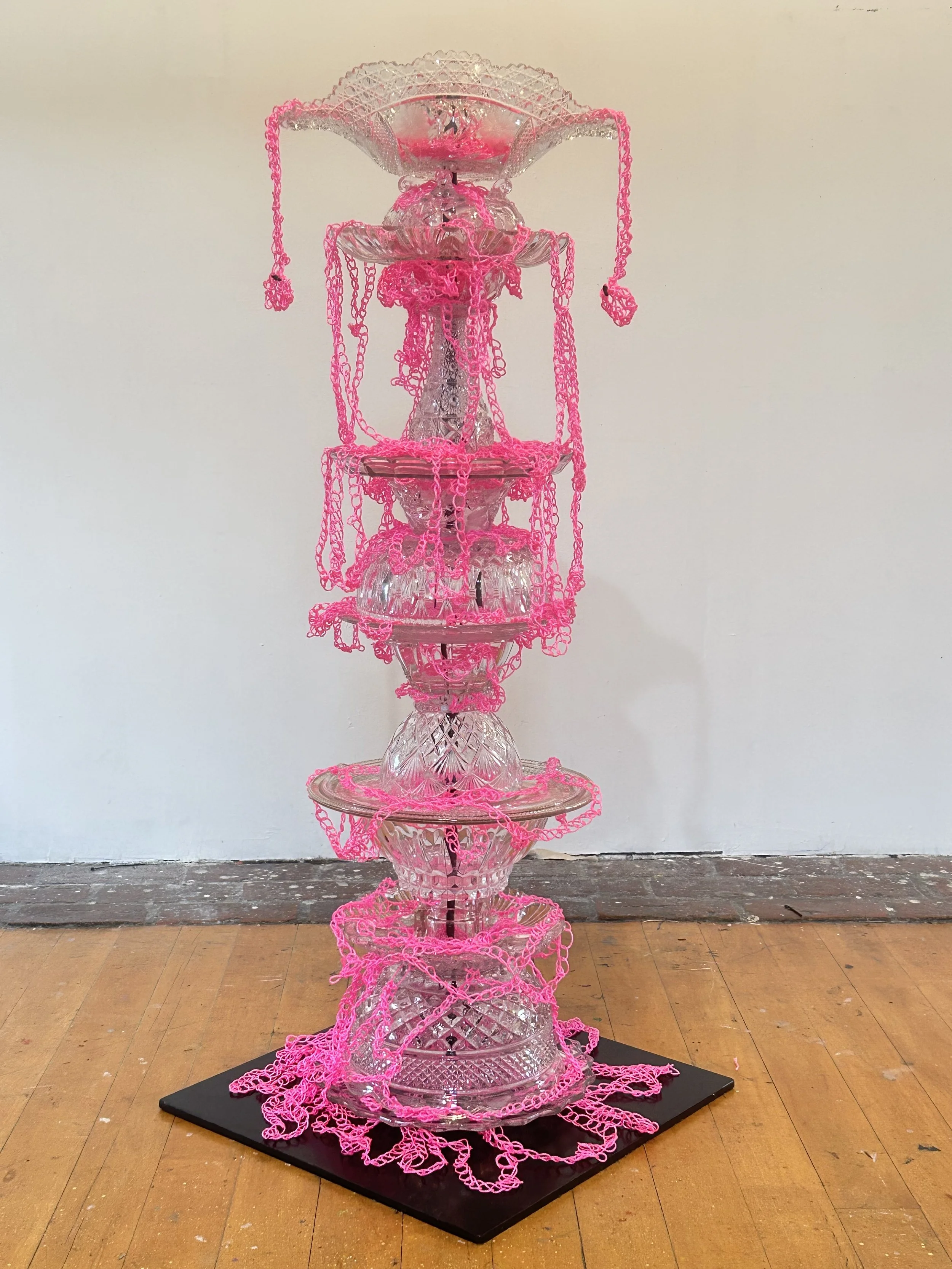 "Pink Possibility" 2025, 24" x 24" x 51", crystal, cut glass, construction string, painted steel