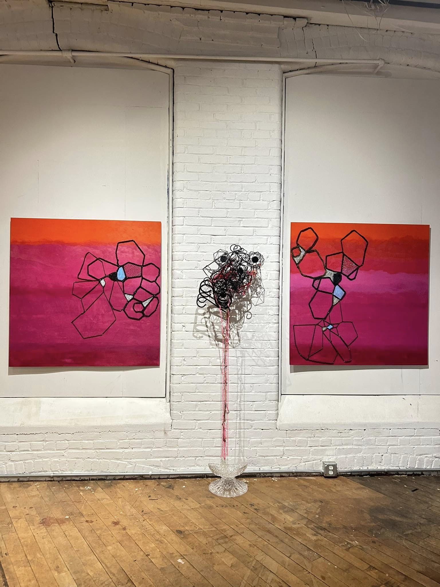 Pour, 2025, tryptich, dimensions variable, acrylic, yarn, staples, paint maker, plywood, found objects