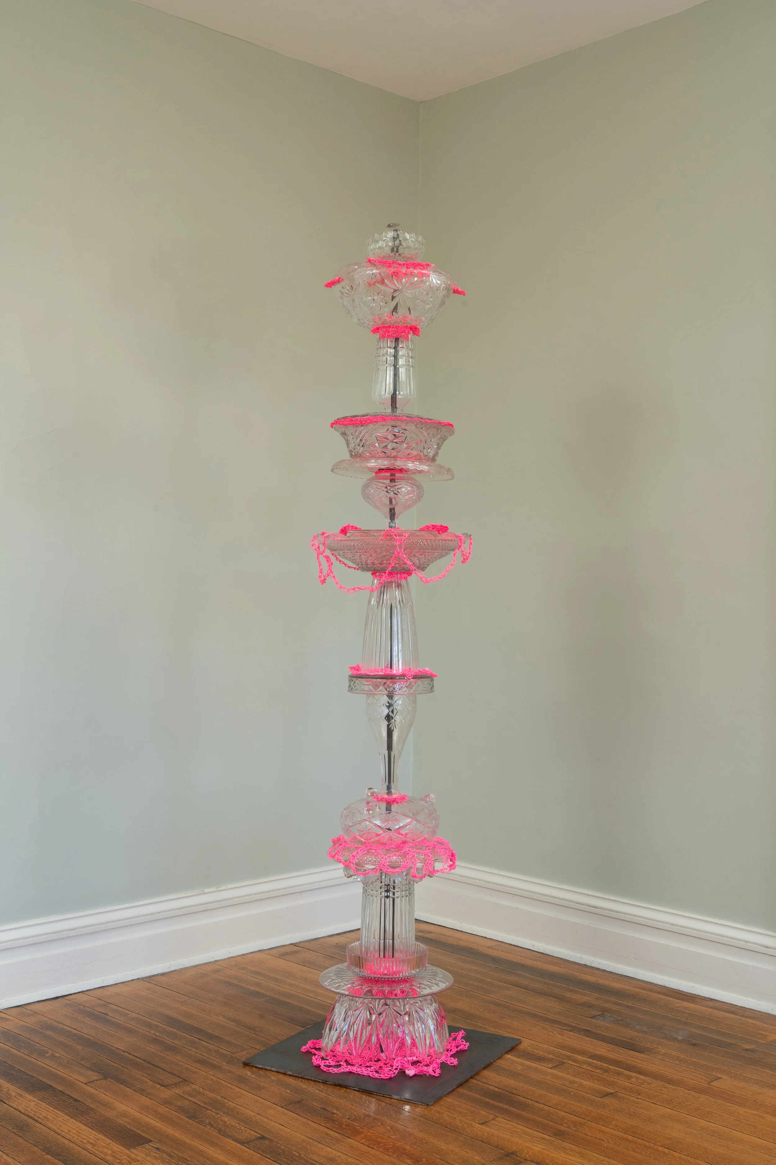 "Pink Tower", 2025, crystal, cut glass, construction string, steel, 24" x 24" x 72"
