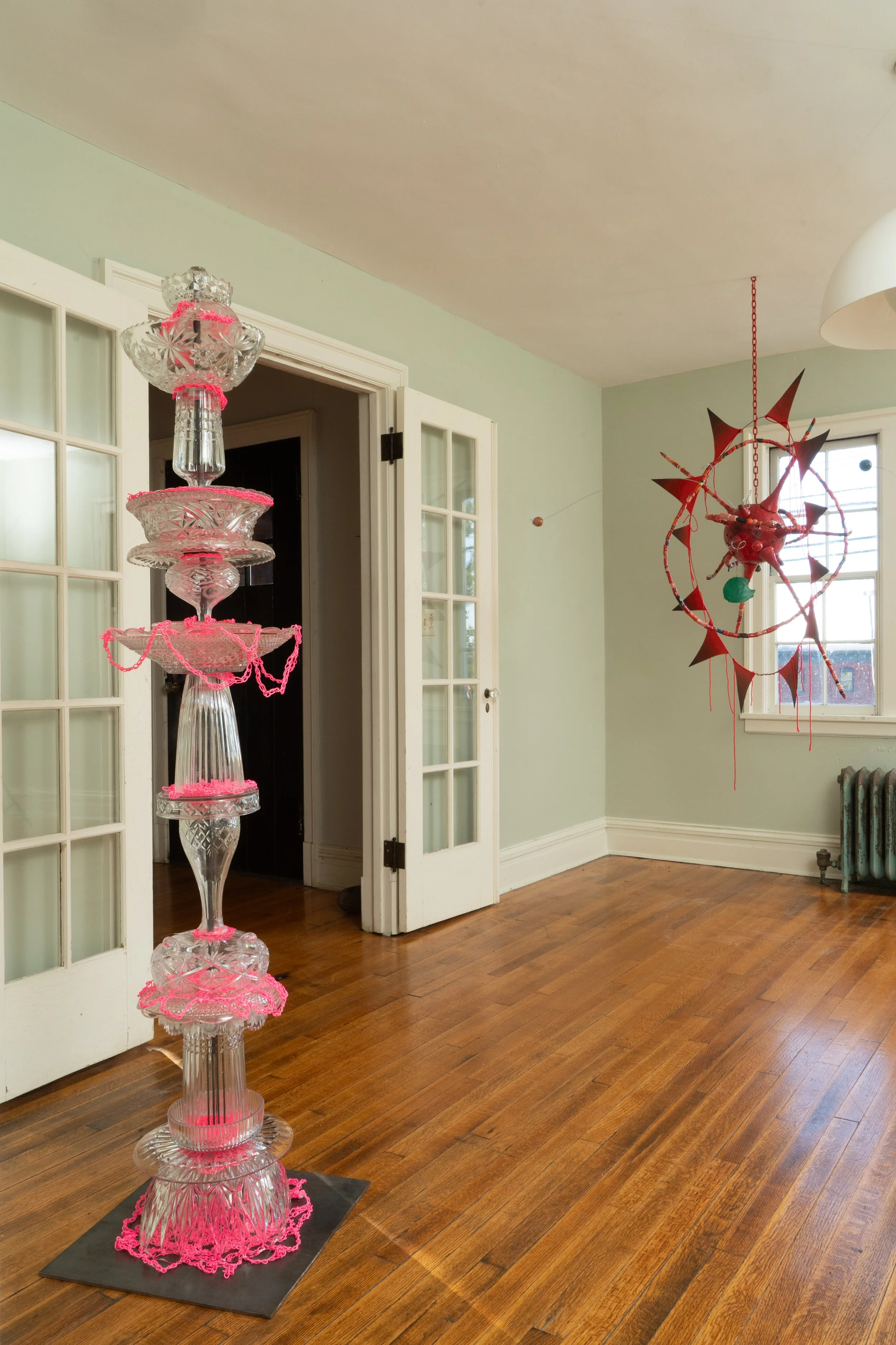 "Pink Tower", 2025 (left) in Nicole Cherubini, Susan Jennings, Michelle Segre at Tanja Grunert Gallery, Hudson, NY, 2025