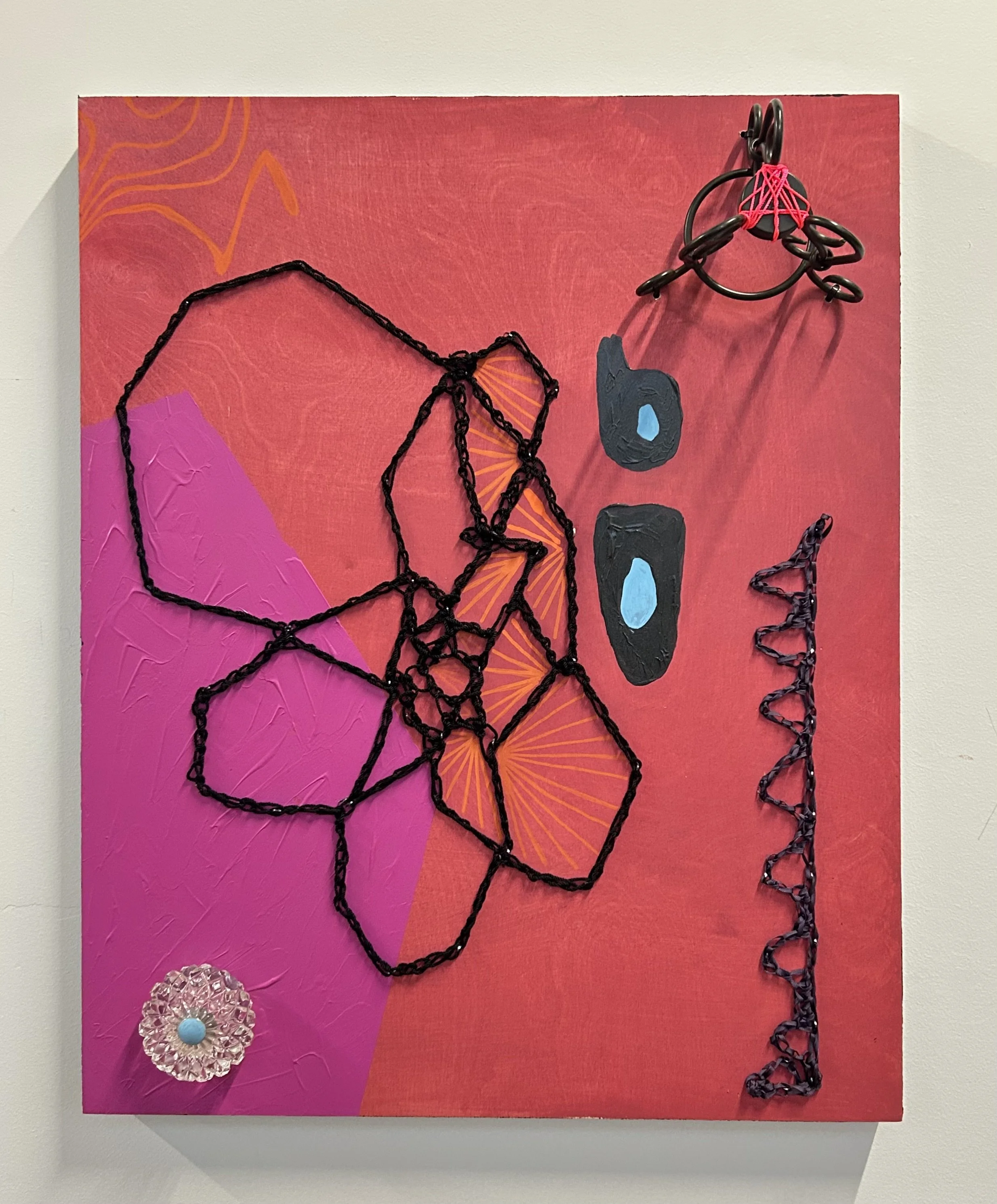 Making Sense, 2025, acrylic, found objects, yarn, zip ties, epoxy, staples