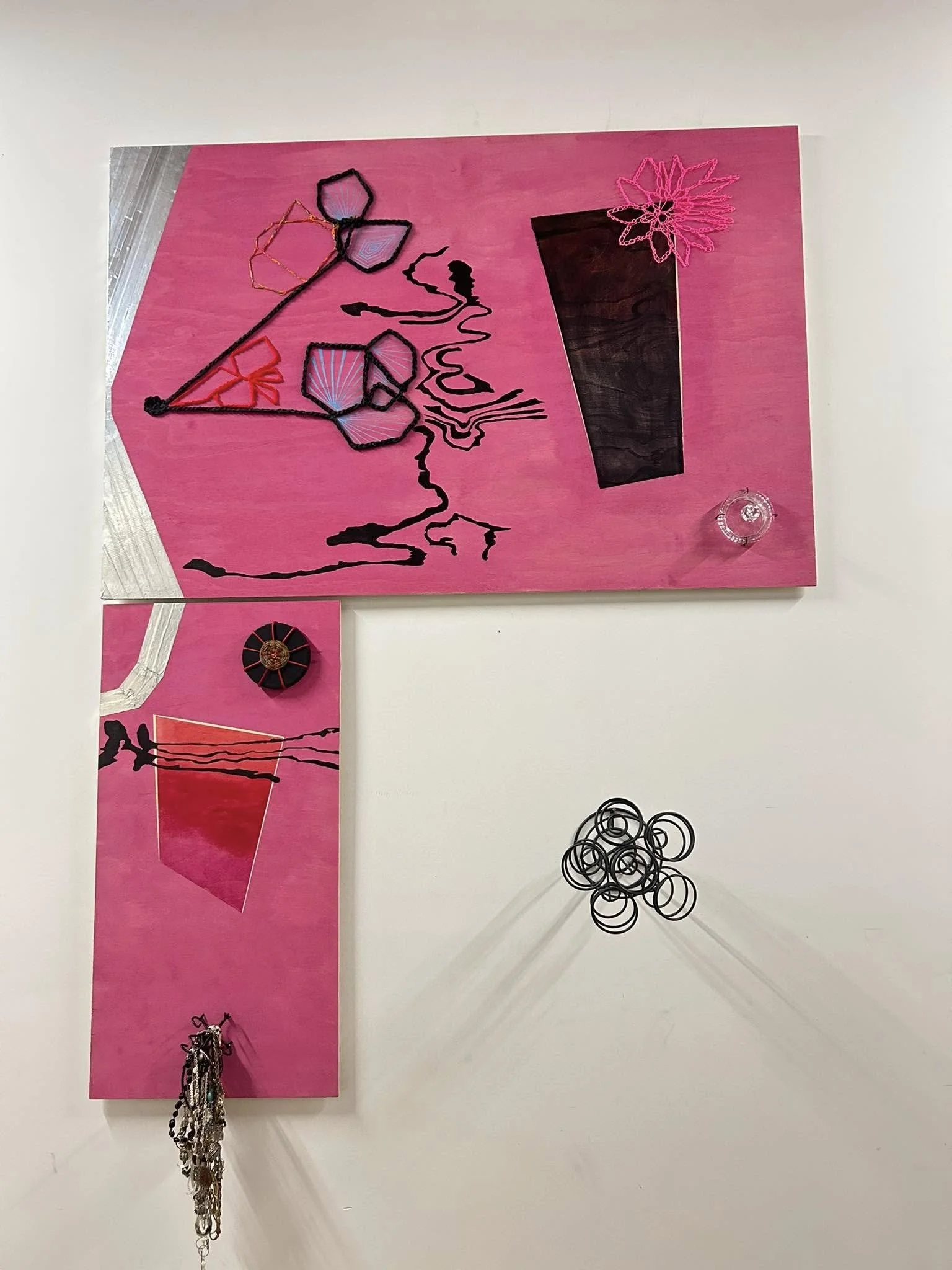 Three Quarters Plus Magic, 2025, 108" x 72", acrylic, duct tape, paint marker found objects plywood