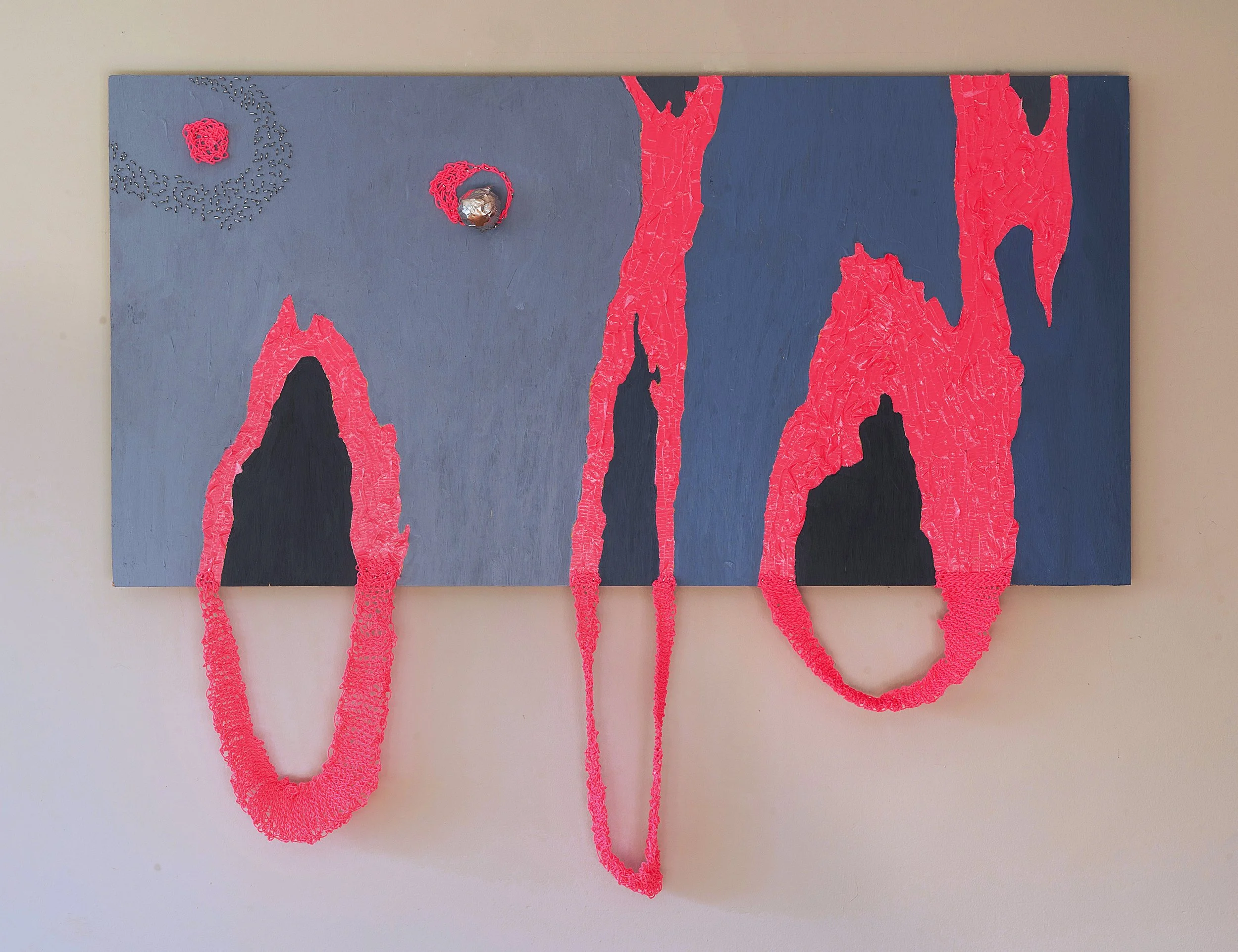 Strange Loop, 2025, acrylic, duct tape, construction string, staples