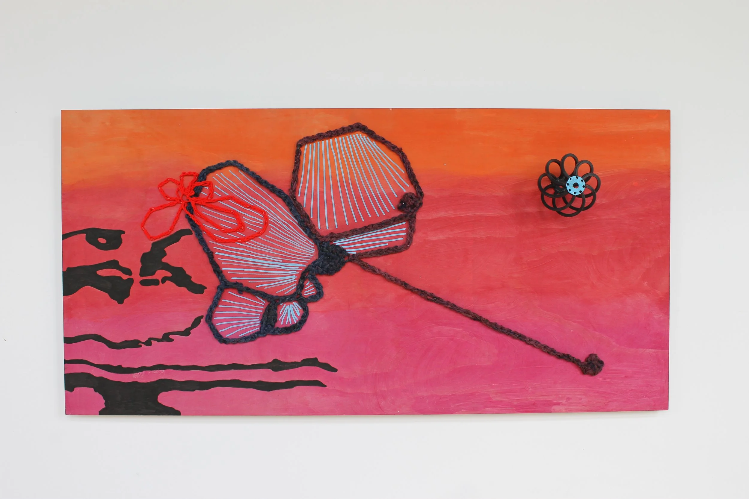 Reach, 2025, 24" x 48", acrylic, yarn, staples, found objects, paint marker on plywood
