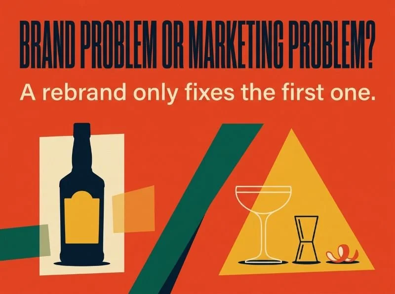 Brand problem or marketing problem? A rebrand only fixes the first one, over a bourbon bottle and bar tools.