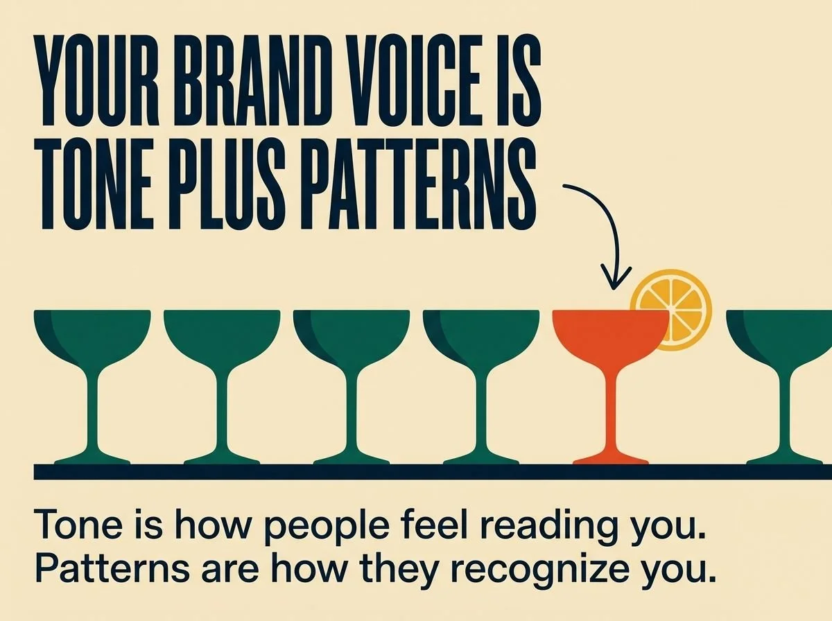 A row of teal coupes with one tomato coupe standing out, titled Your Brand Voice Is Tone Plus Patterns.