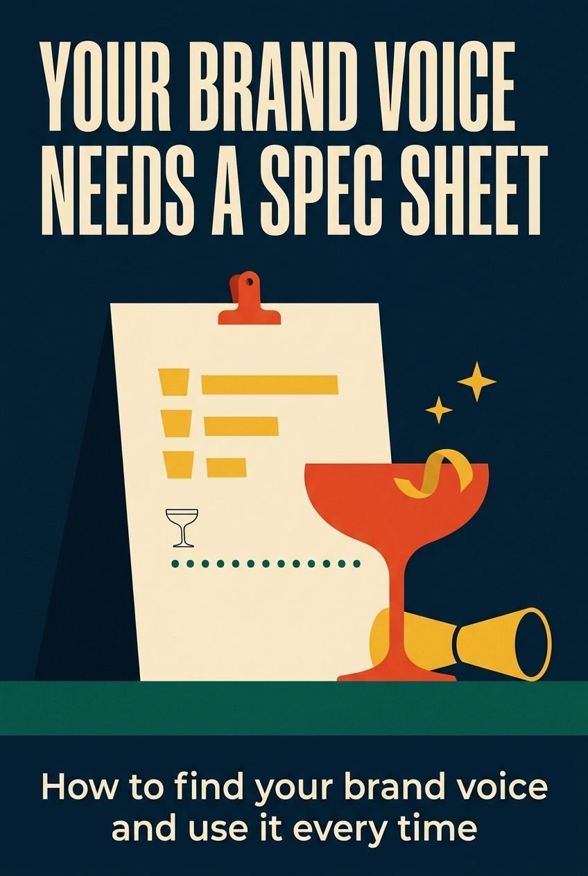 A cream spec card and a coupe on a navy bar with the words Your Brand Voice Needs a Spec Sheet.