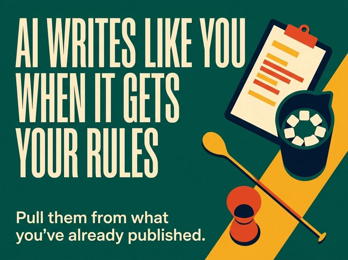 A spec card, mixing glass, and bar spoon seen from above, titled AI Writes Like You When It Gets Your Rules.