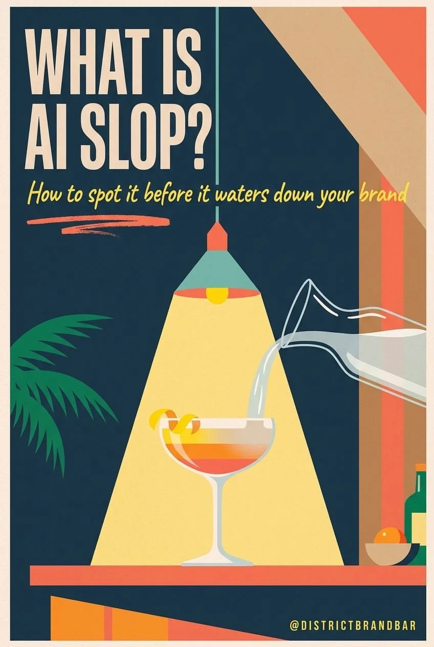 A coupe cocktail losing its color as water pours into it under a yellow lamp, with the headline What Is AI Slop?