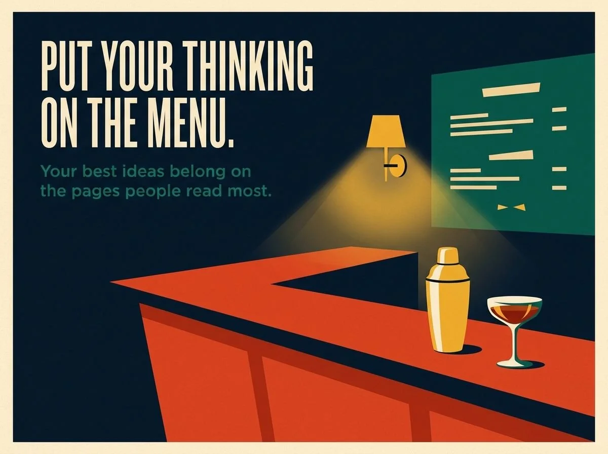 A softly lit bar menu board under the headline Put Your Thinking on the Menu.