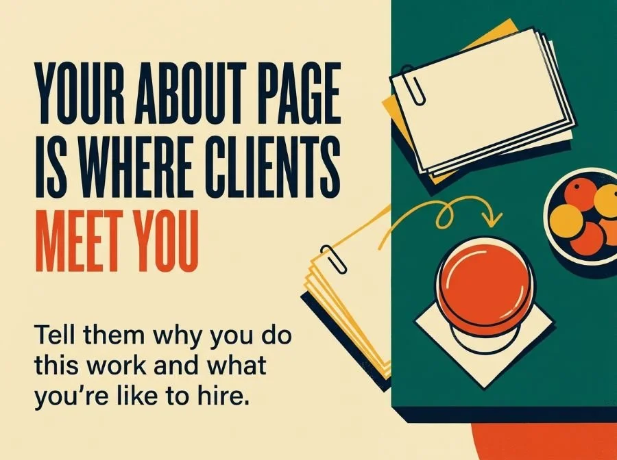 Resume pushed aside for a cocktail, headline: Your about page is where clients meet you