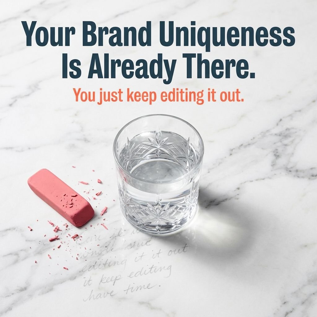 Glass with an eraser: Your brand uniqueness is already there. you just keep editing it out.