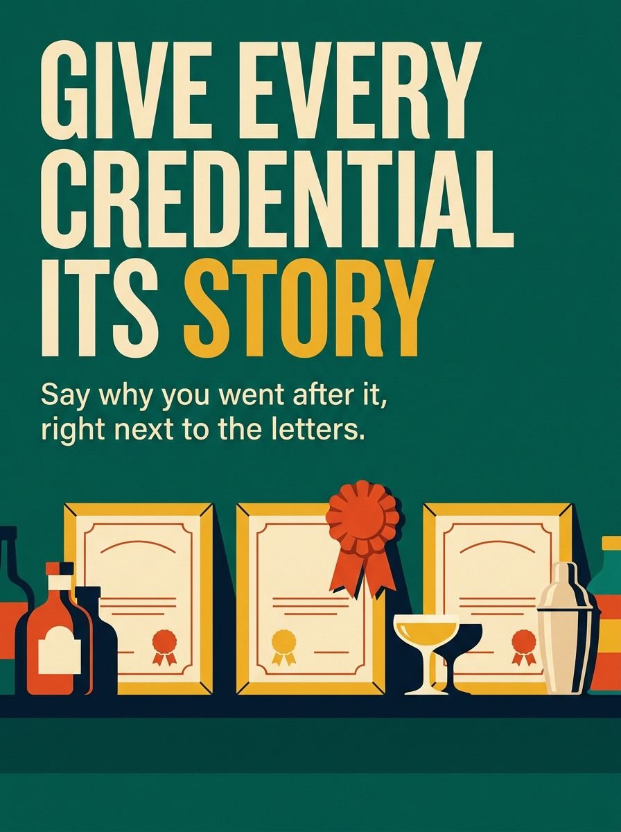 Framed certificates on a back bar shelf, headline: Give every credential its story