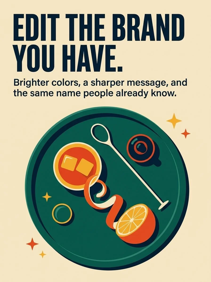 Edit the brand you have, over an overhead view of an old fashioned, bitters, and an orange peel on a teal tray.