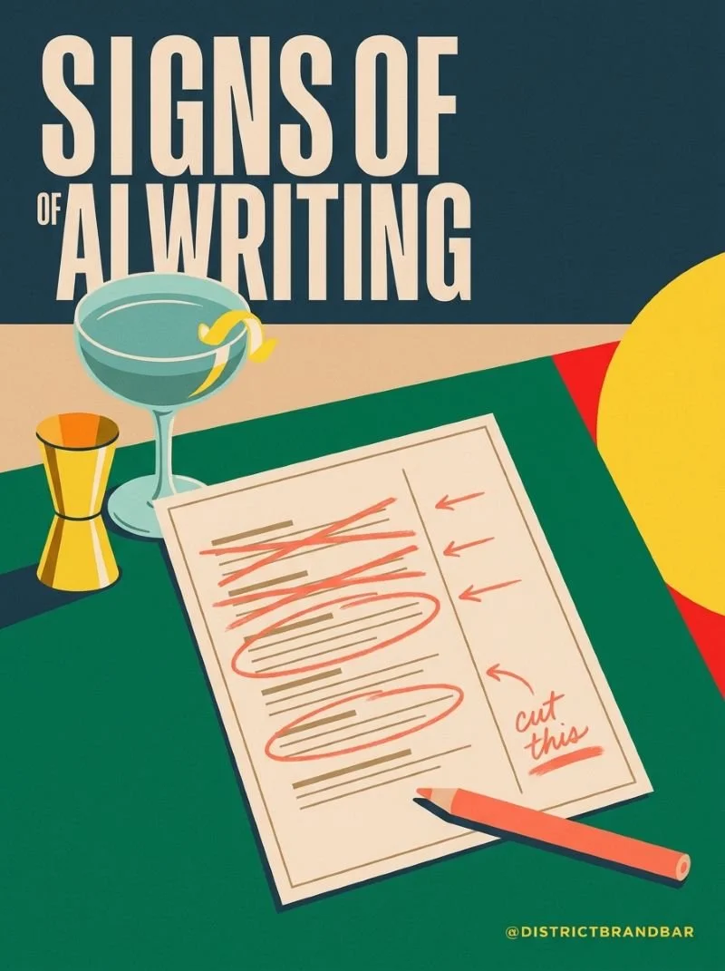 A cocktail menu marked up in salmon grease pencil with "cut this" in the margin, titled Signs of AI Writing.