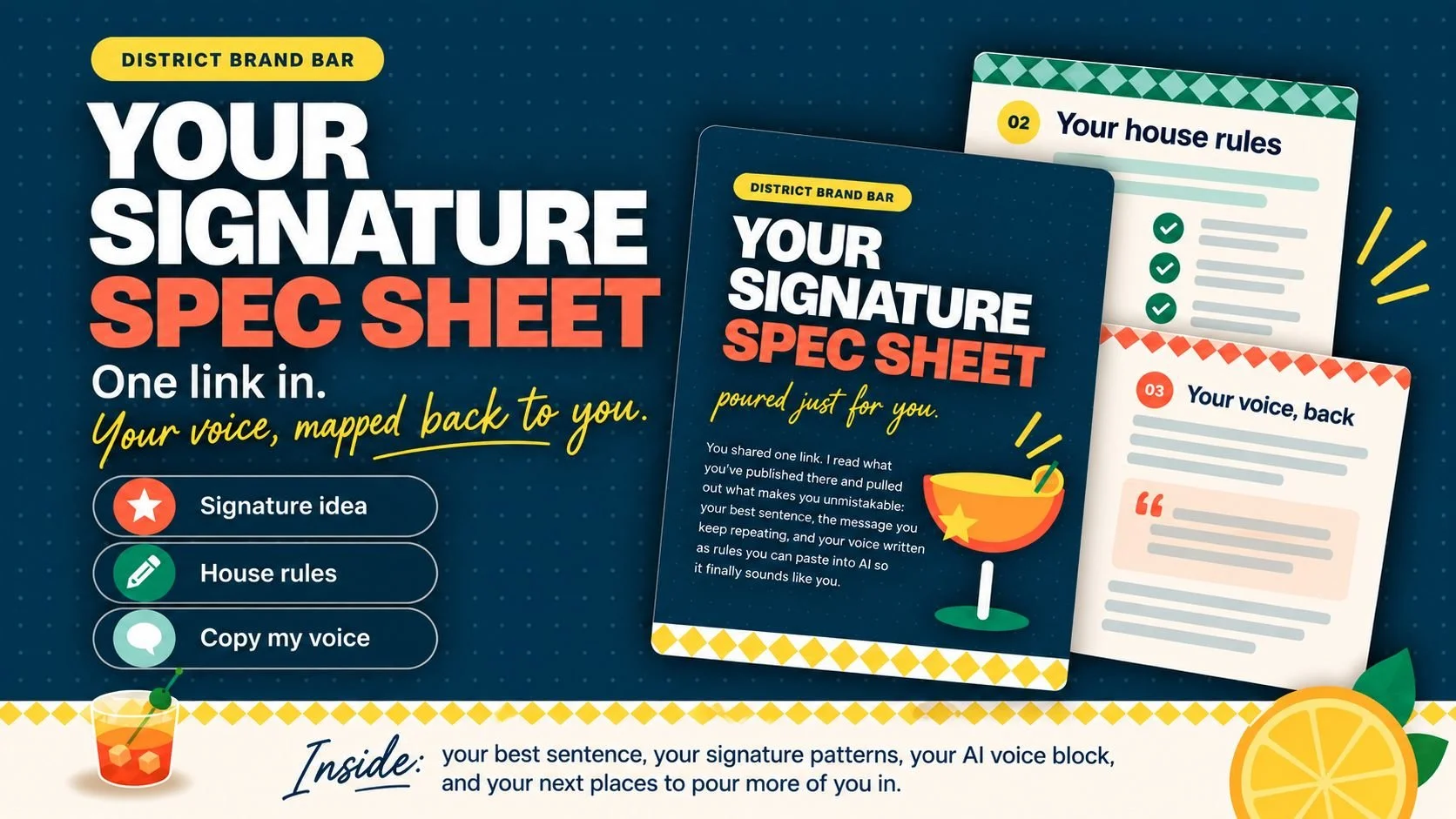 The Signature Spec Sheet promo reading One link in, your voice mapped back to you.