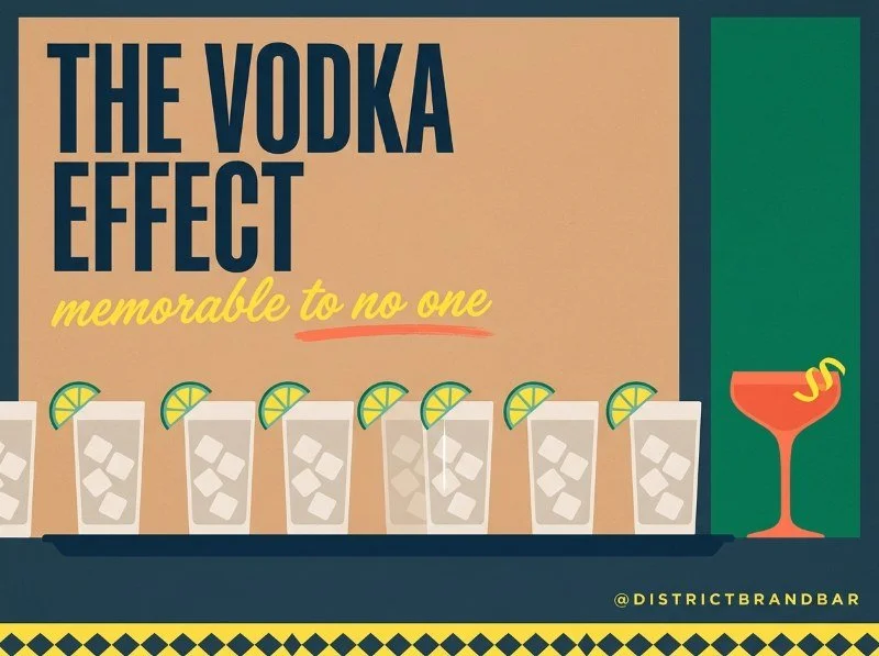 A row of identical vodka sodas with one bright salmon cocktail at the end, titled The Vodka Effect.