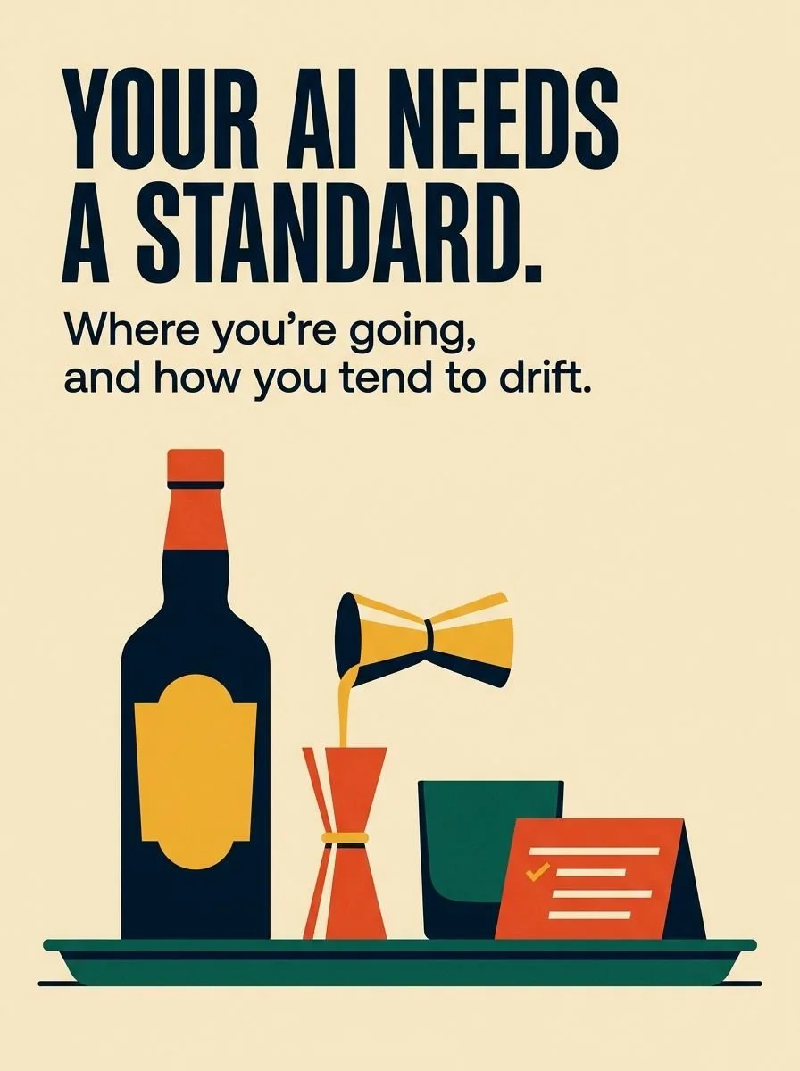 Your AI needs a standard, over a tray with a bottle, a jigger mid-pour, and a recipe card on a cream background.