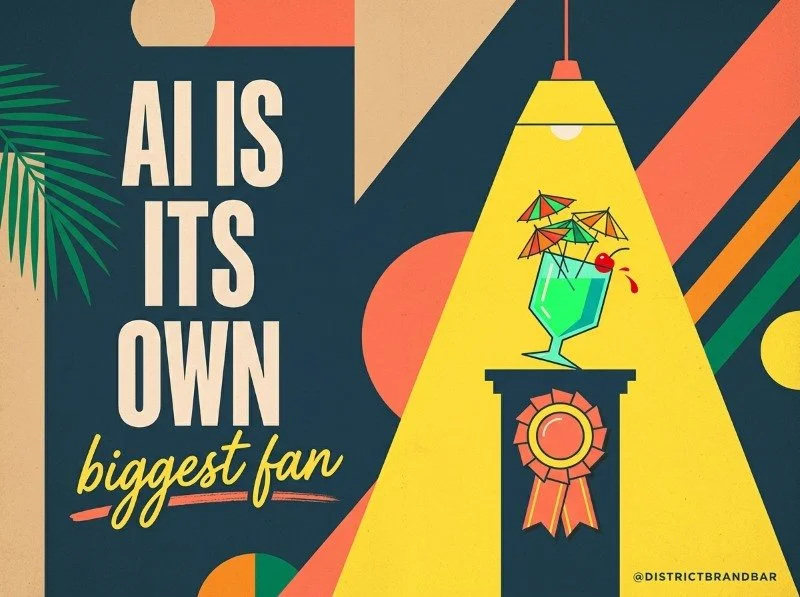 A lopsided neon green cocktail on a trophy pedestal with a prize ribbon under a spotlight, titled AI Is Its Own Biggest Fan.