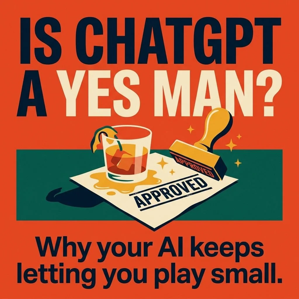 Is ChatGPT a yes man? poster showing a spilled, sloppy cocktail stamped APPROVED on a tomato red background.