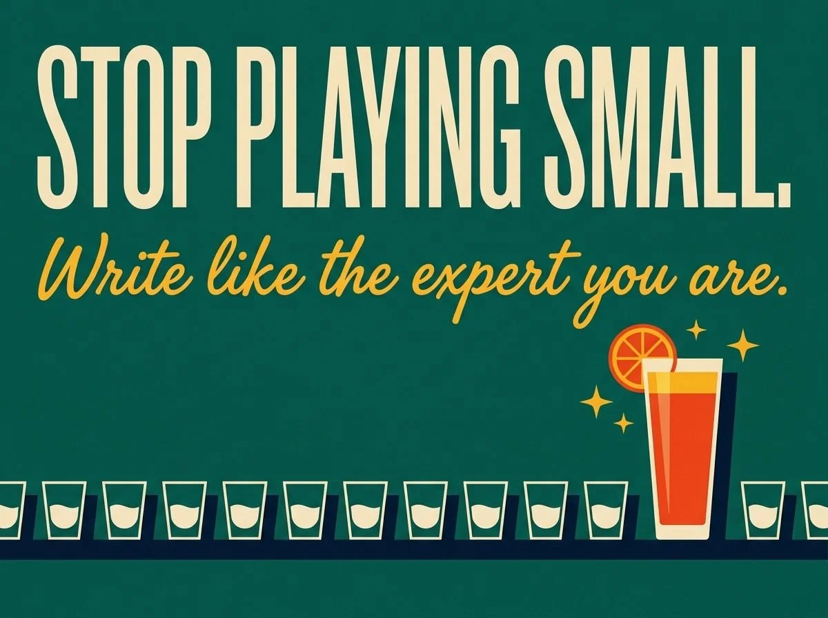 Stop playing small, over a row of tiny tasting glasses with one tall, bold cocktail standing out on a teal background.