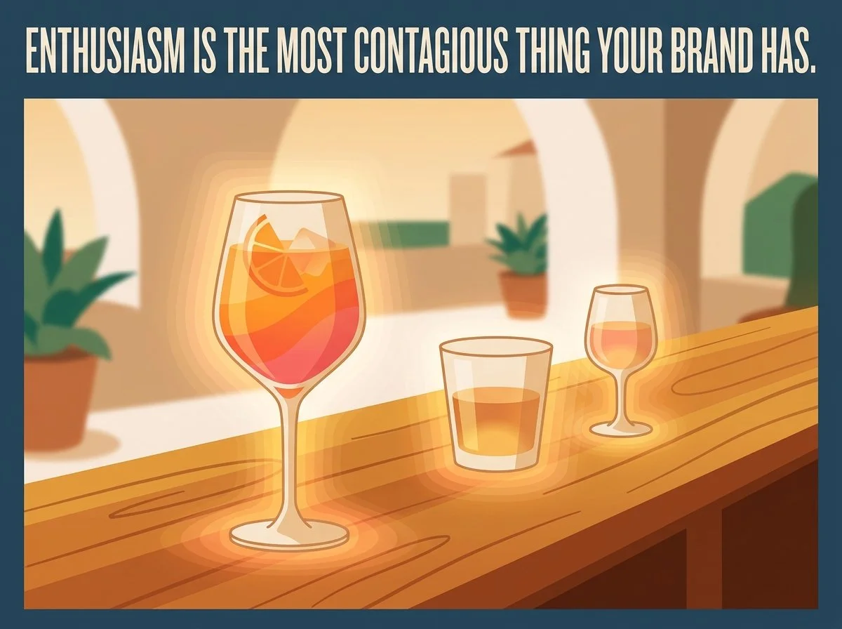 Aperol Spritz at a bar "Enthusiasm is the oset contagious thing your brand has.