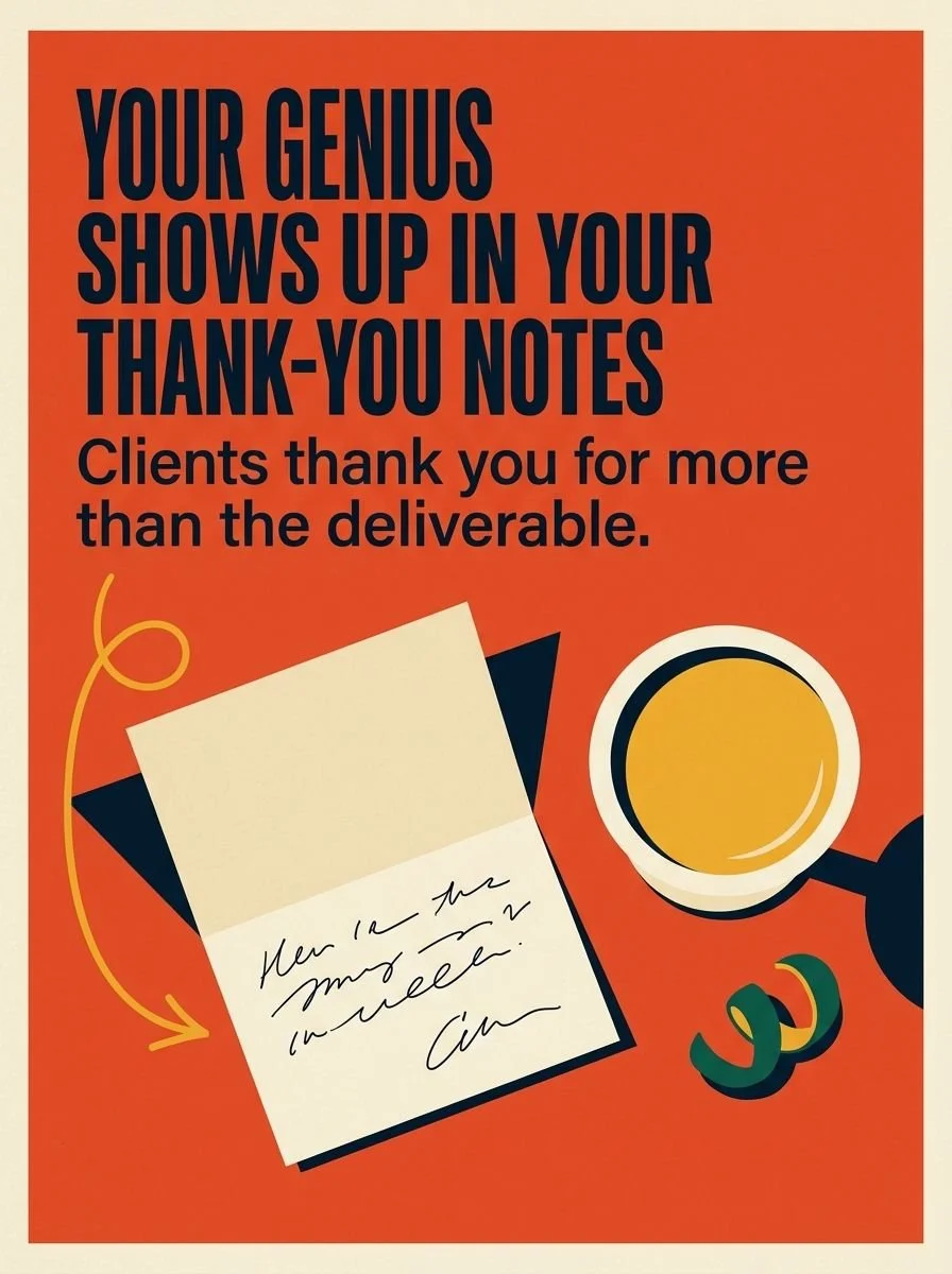 Zone of genius notecard: Your genius shows up in your thank-you notes. Clients thank you for more than the deliverable.