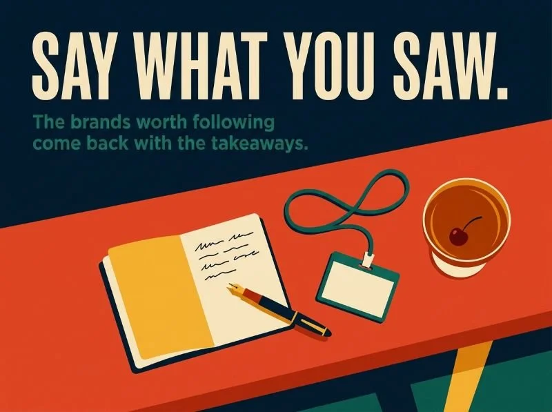 Overhead view of a notebook, pen, badge, and cocktail on a bar, with the headline Say What You Saw.