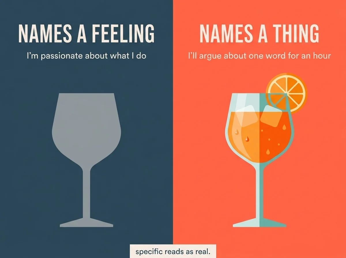 Names a feeling vs names a thing graphic with a gray cocktail and a bright one.