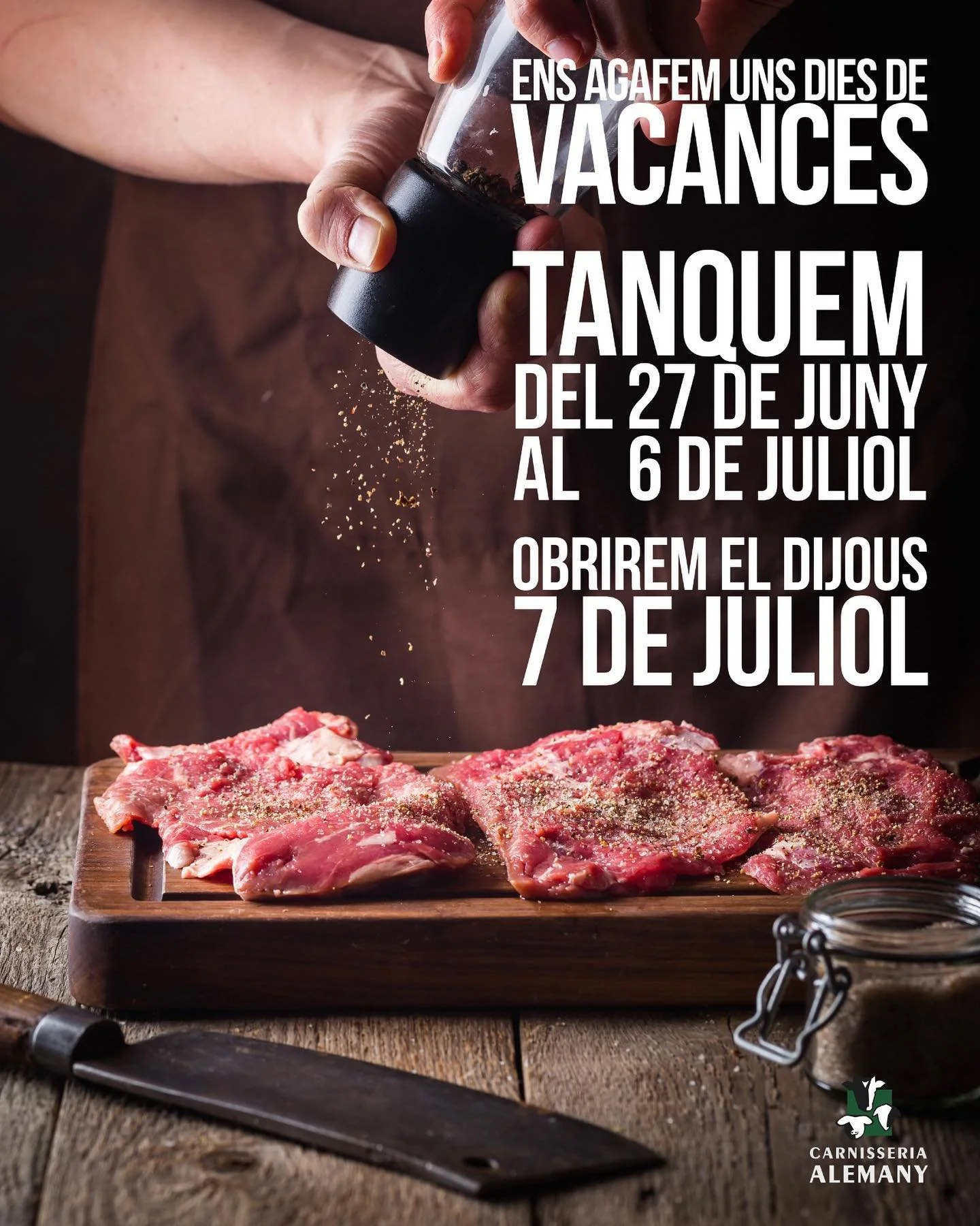 Feines velles: cartell de vacances 2022 per a Carnisseria Alemany. Versi&oacute; escollida i altres propostes.