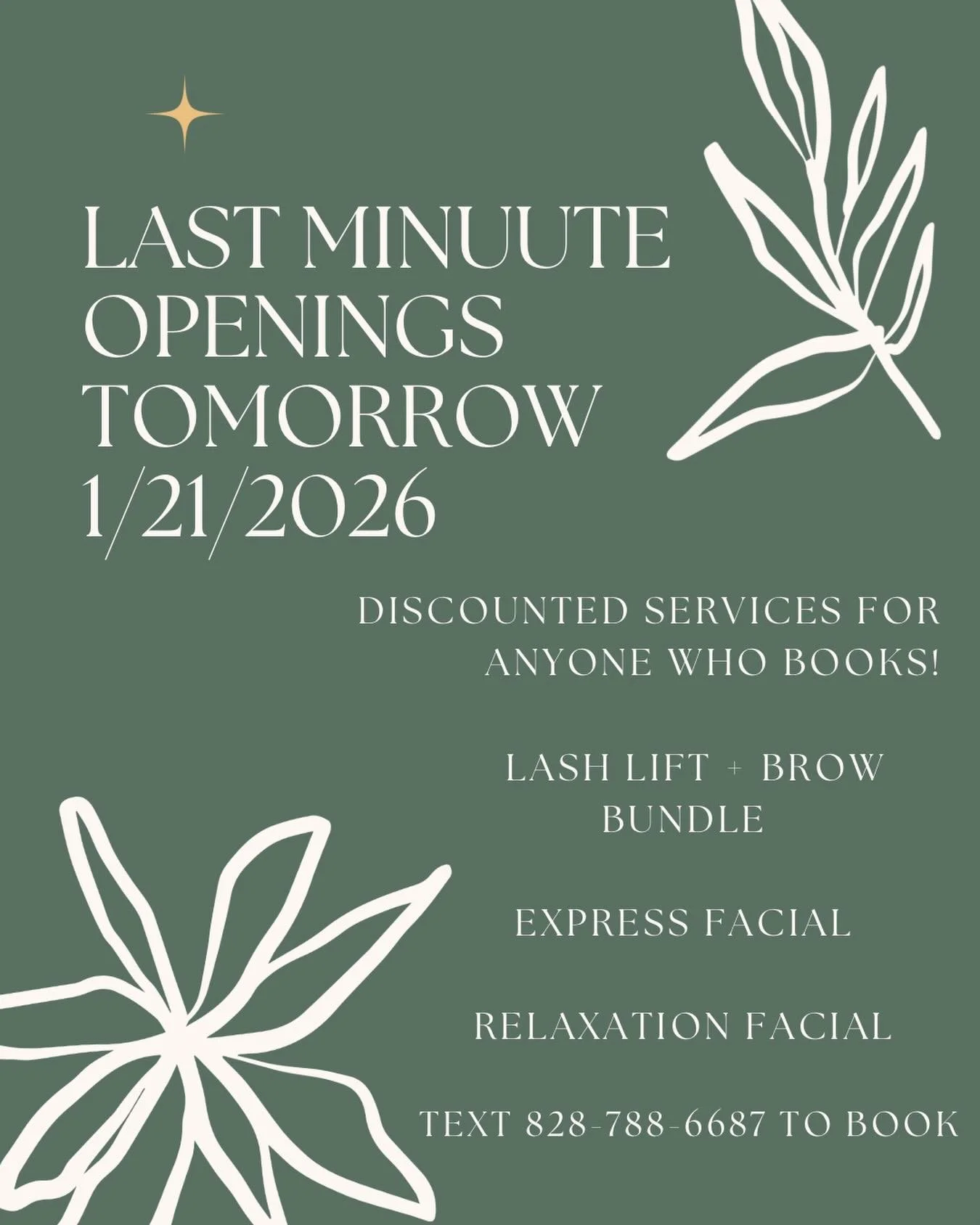 We have openings tomorrow and anyone who books will receive a discount on the service is listed as as well as as a free gift. To book text 828&ndash;788&ndash;6687!