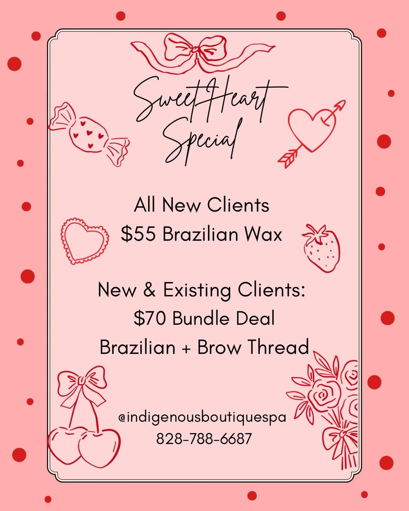 ✨ Sweetheart Special ✨
💋 New clients: $55 Brazilian Wax
💖 New &amp; existing clients: $70 Brazilian + Brow Thread

Treat yourself this Valentine&rsquo;s season&mdash;smooth, confident, and glowing.
📍 Indigenous Boutique &amp; Spa
📲 Book now: @ind