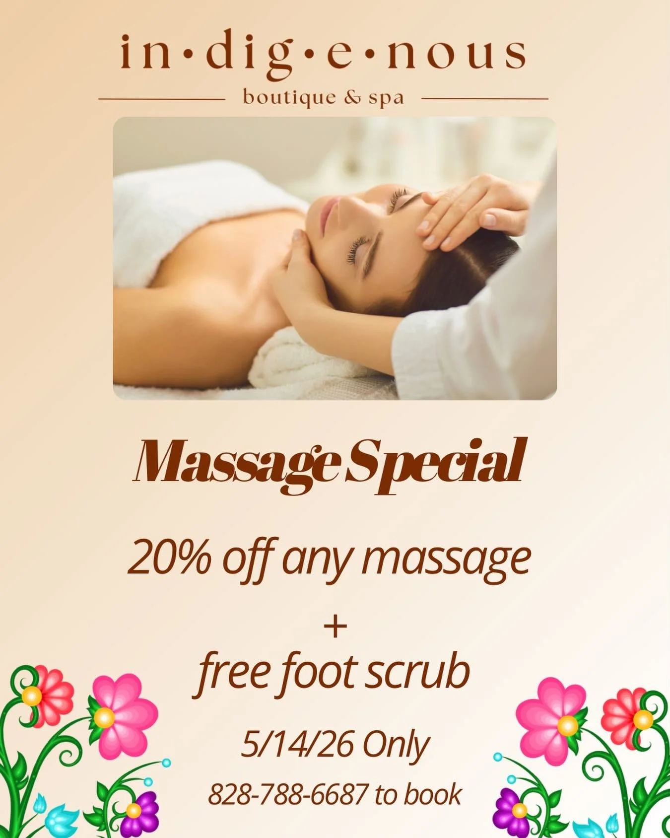 Enjoy 20% off any massage + a complimentary foot scrub at Indigenous Boutique &amp; Spa. The perfect excuse to slow down, recharge, and treat yourself.
📅 May 14th only
📞 828-788-6687 to book