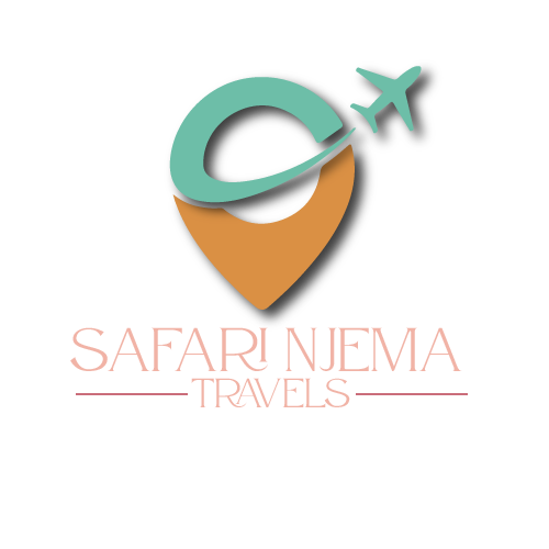 Logo for Safari Njemaa Travels featuring a location pin with an airplane circling around it.