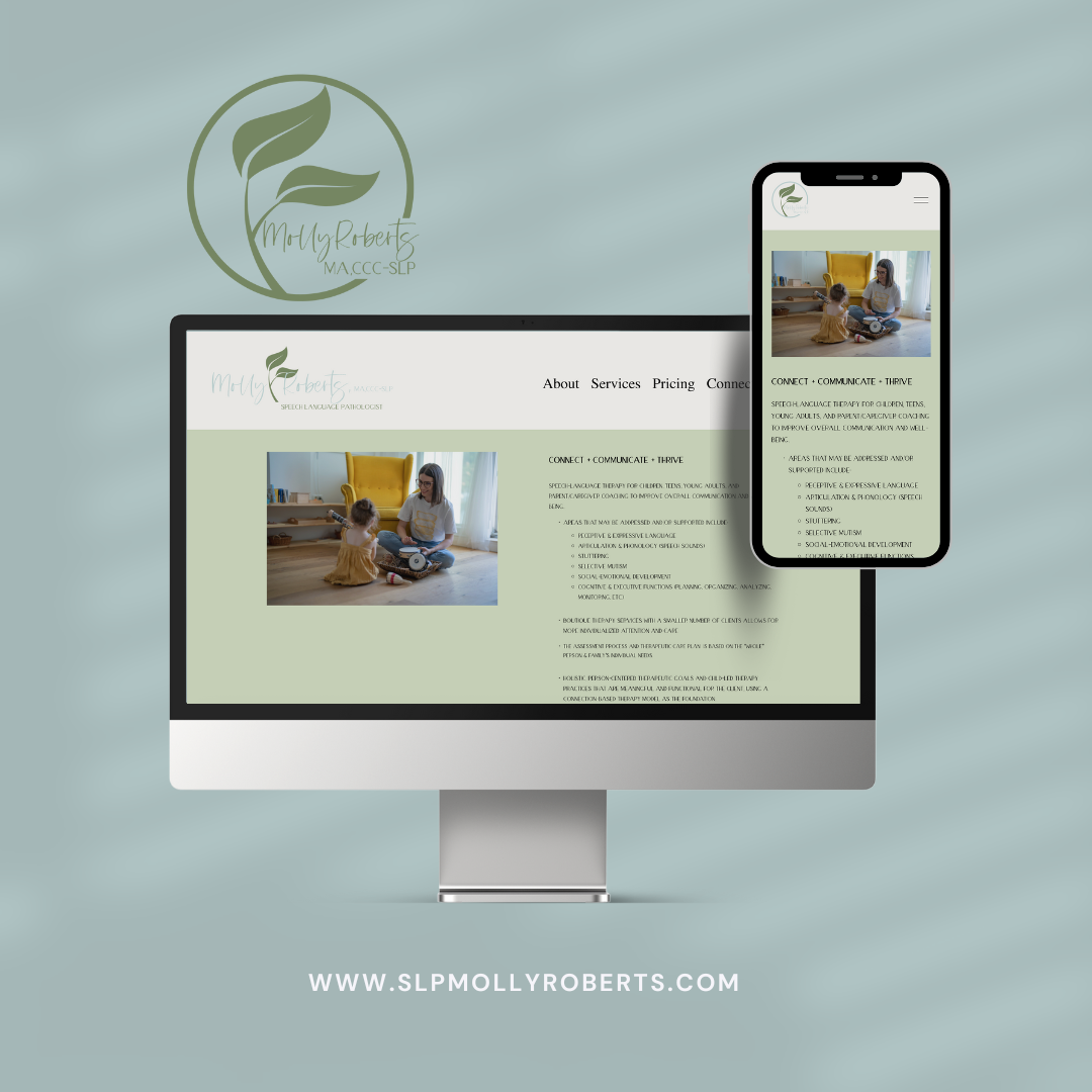 Computer and phone screens displaying a website for Molly Roberts, a speech-language pathologist, featuring a logo with a leaf and a photo of a speech therapy session with a child and therapist. The website URL, www.slpmollyroberts.com, is shown at the bottom.